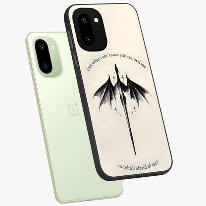 Dragon Quote Art Glass Case for 1+15R angled mockup showcasing glossy finish and powerful fantasy detailing