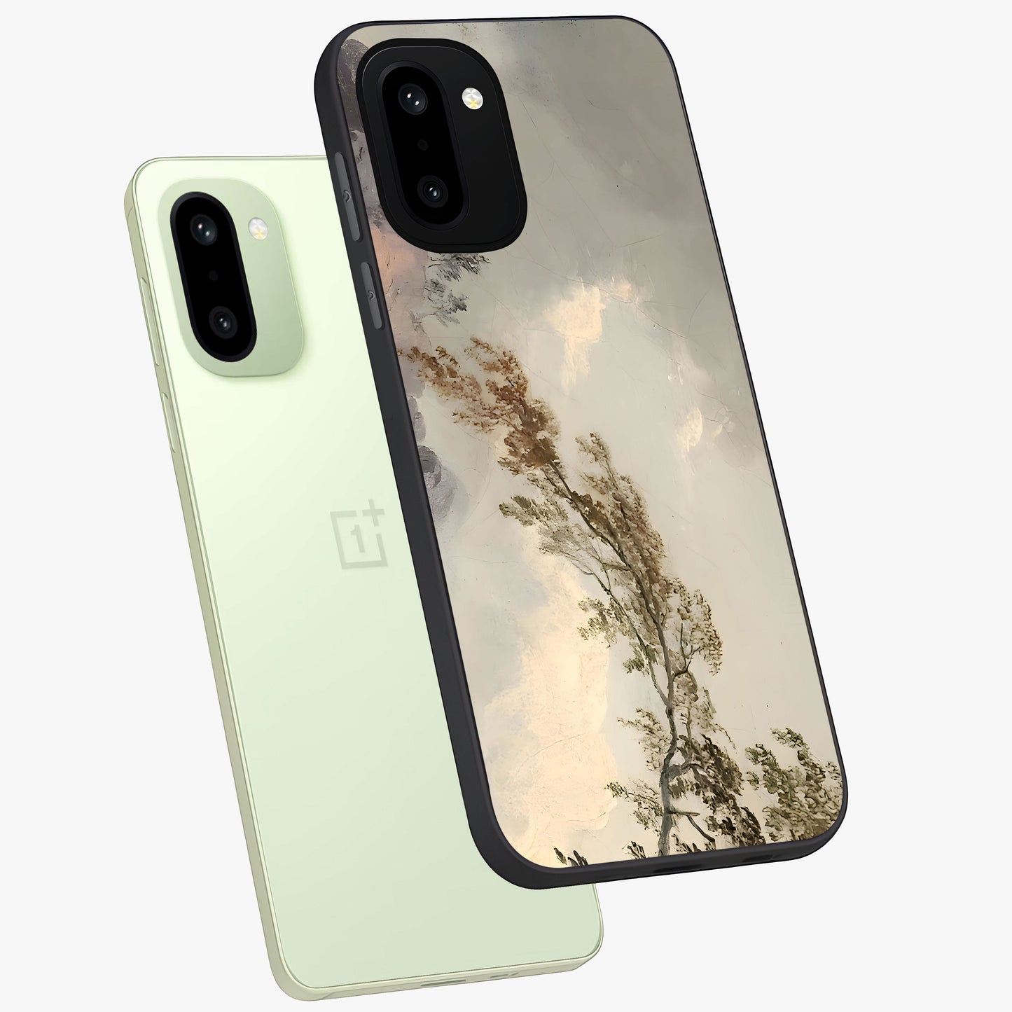 Dreamlike Wind Field Glass Case for 1+15R angled mockup showcasing glossy glass finish and dreamy landscape detailing