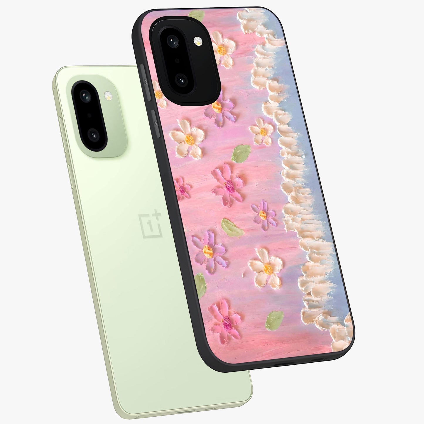 Dreamy Painted Garden Glass Case for 1+15R angled mockup showcasing glossy finish and vibrant brushstroke textures