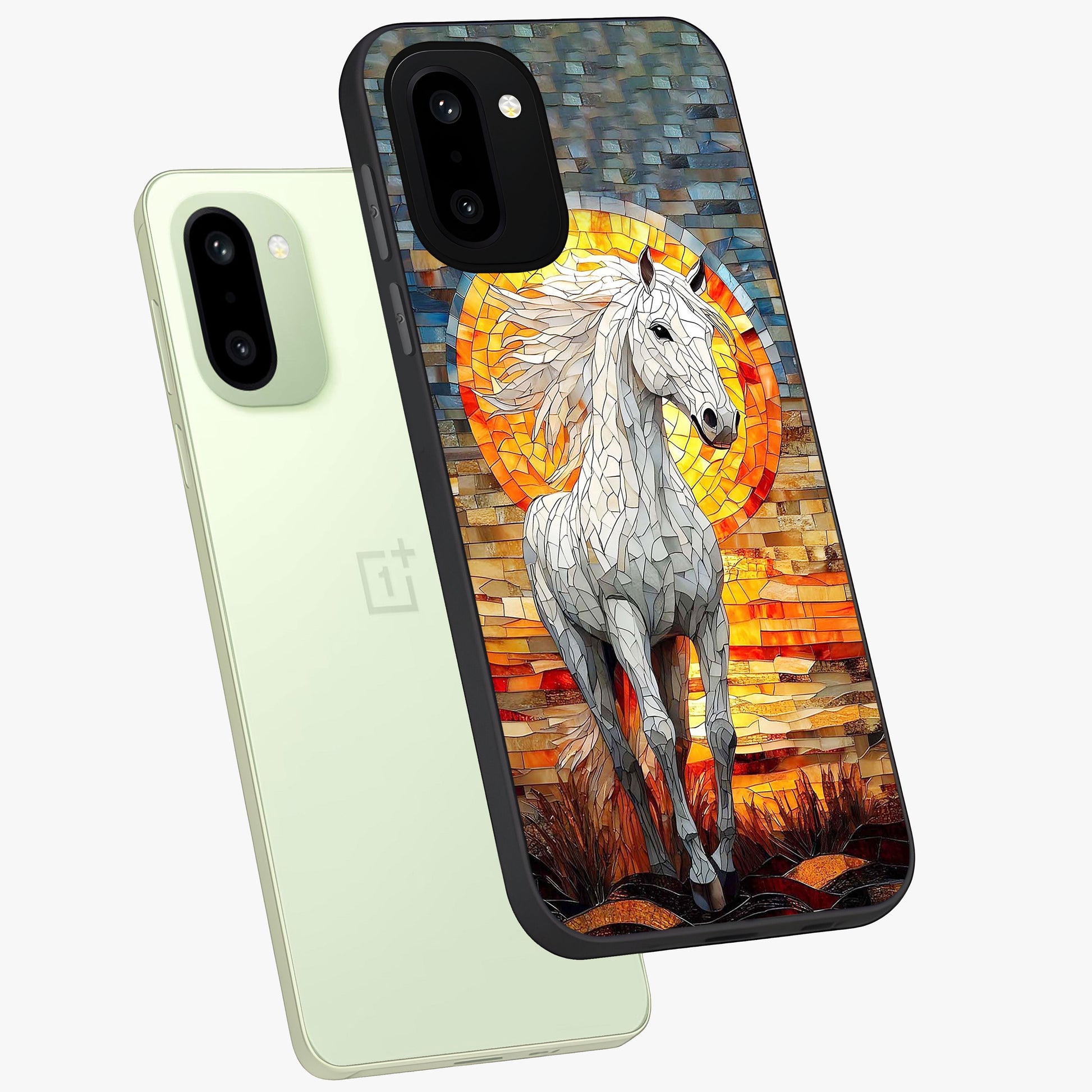 Elected Horse Glass Case for 1+15R angled mockup showcasing glossy finish and dynamic equestrian detailing