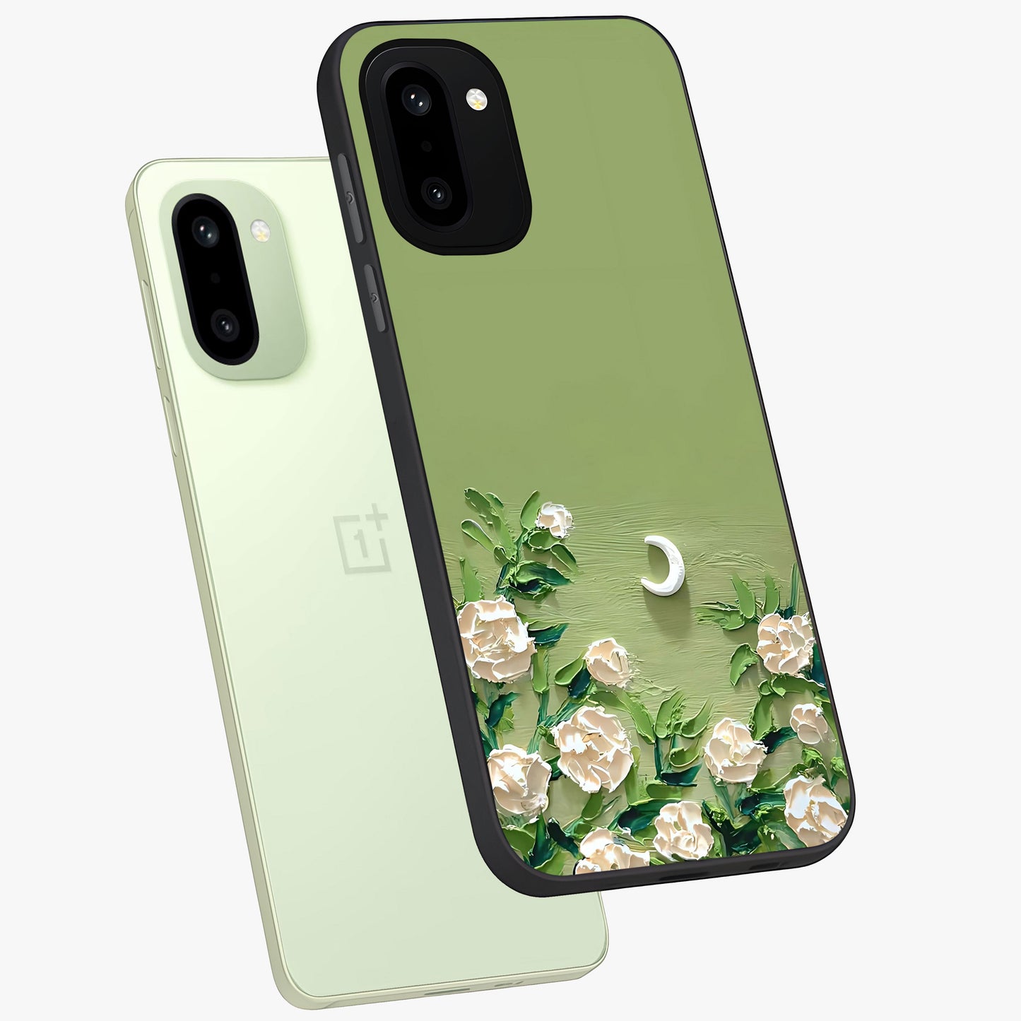Emerald Bloom Calm Glass Case for 1+15R angled mockup showcasing glossy finish and rich green tones