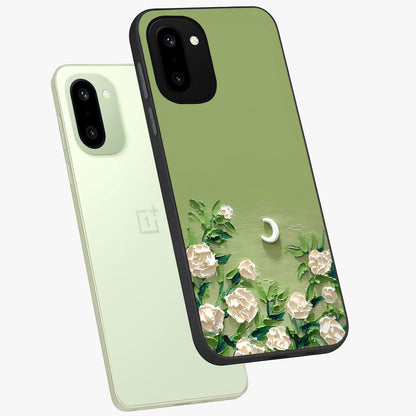 Emerald Bloom Calm Glass Case for 1+15R angled mockup showcasing glossy finish and rich green tones