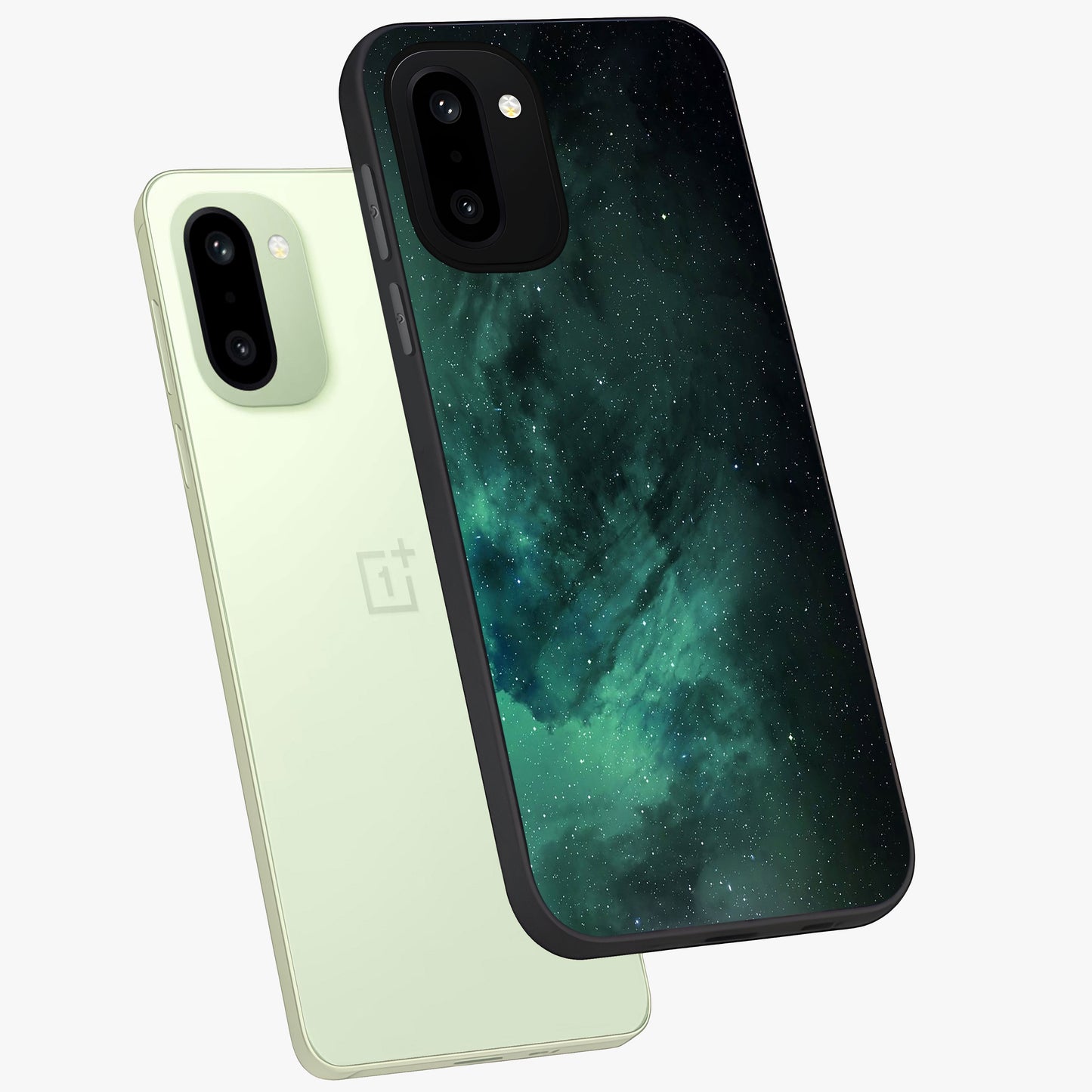 Emerald Green Space Glass Case for 1+15R angled mockup showcasing glossy finish and bold emerald gradients