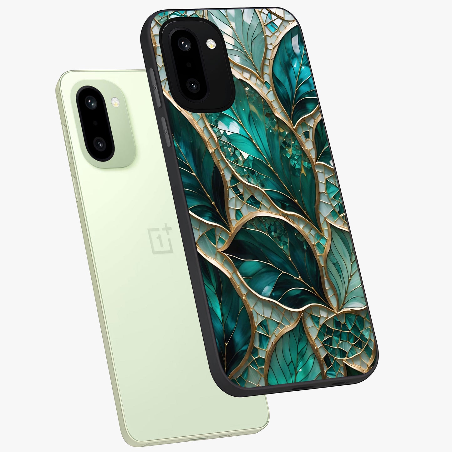 Emerald Leaf Glass Case for 1+15R angled mockup showcasing glossy finish and natural botanical tones