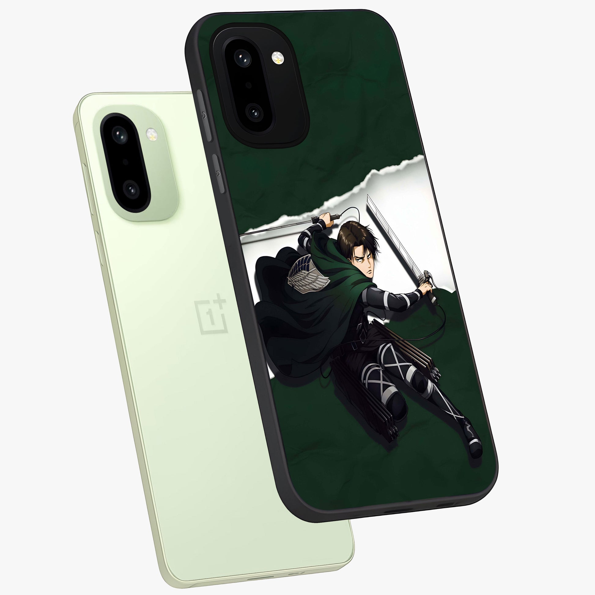 Emerald War Vanguard Glass Case for 1+15R angled mockup showcasing glossy finish and bold fantasy detailing