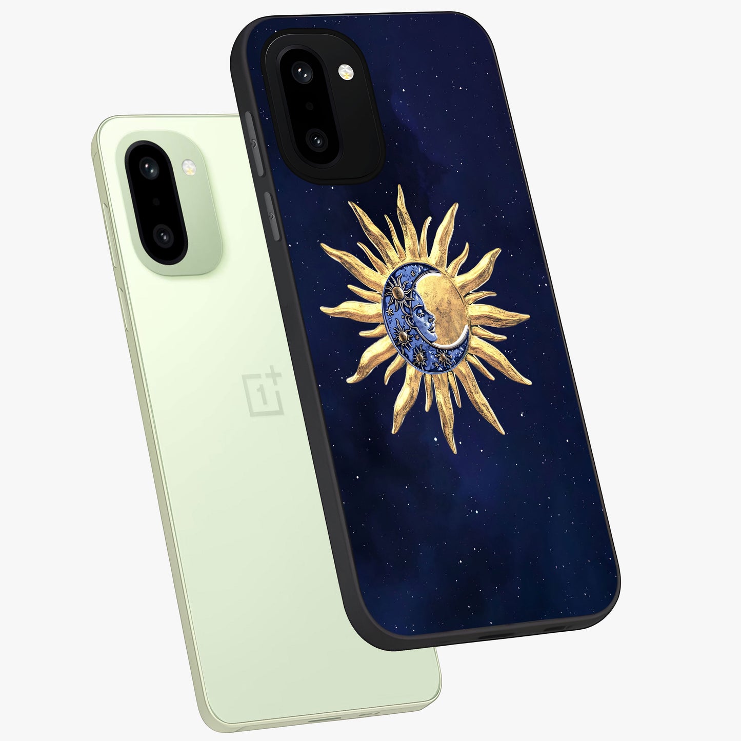 Eternal Cosmic Balance Glass Case for 1+15R angled mockup showcasing glossy finish and celestial gradient tones
