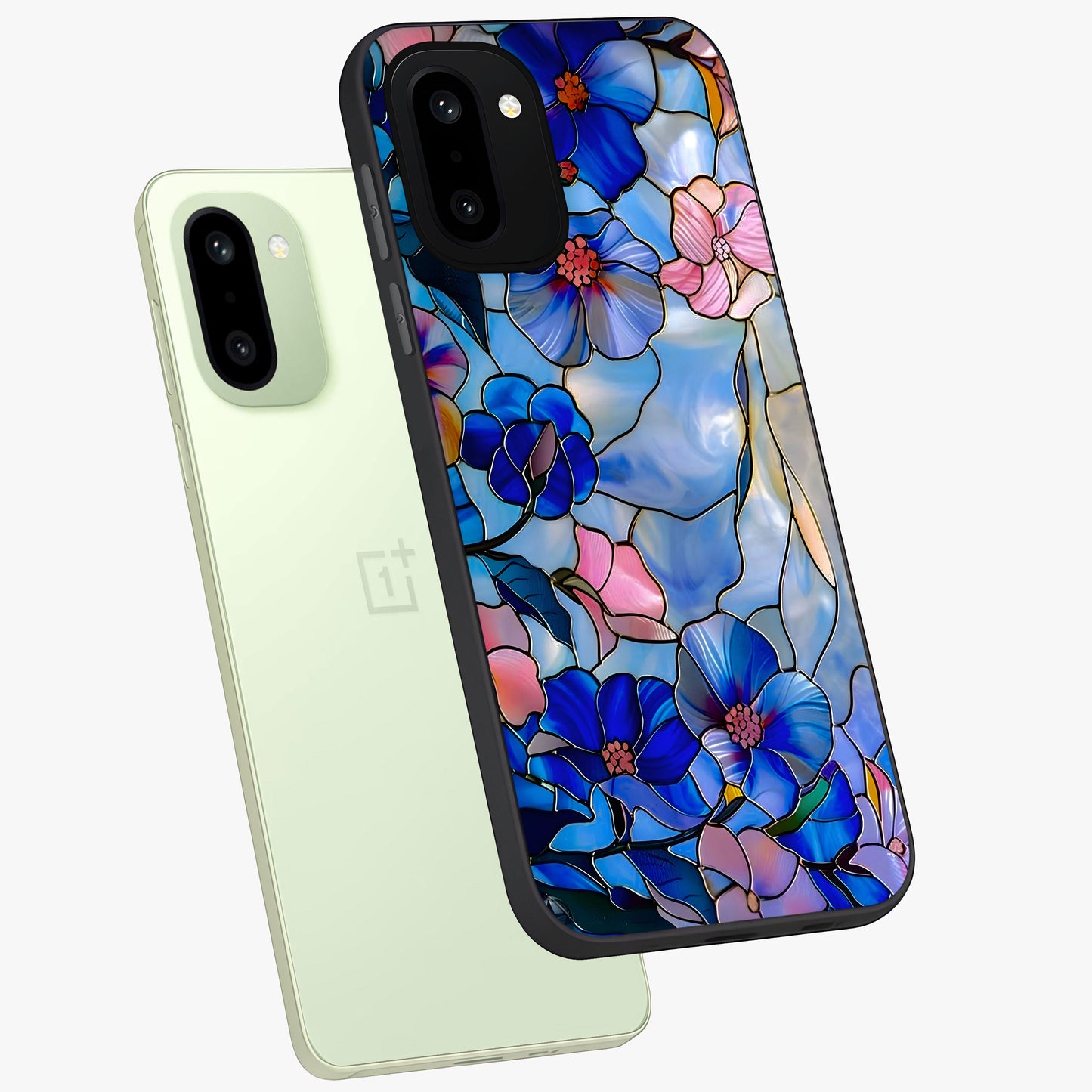 Eternal Floral Stained Glass Case for 1+15R angled mockup showcasing glossy finish and vibrant mosaic textures
