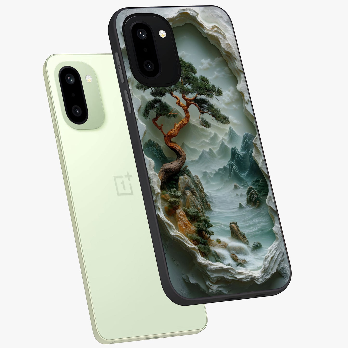 Eternal Nature Spirit Glass Case for 1+15R angled mockup showcasing glossy finish and calming botanical tones