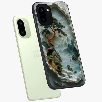 Eternal Nature Spirit Glass Case for 1+15R angled mockup showcasing glossy finish and calming botanical tones