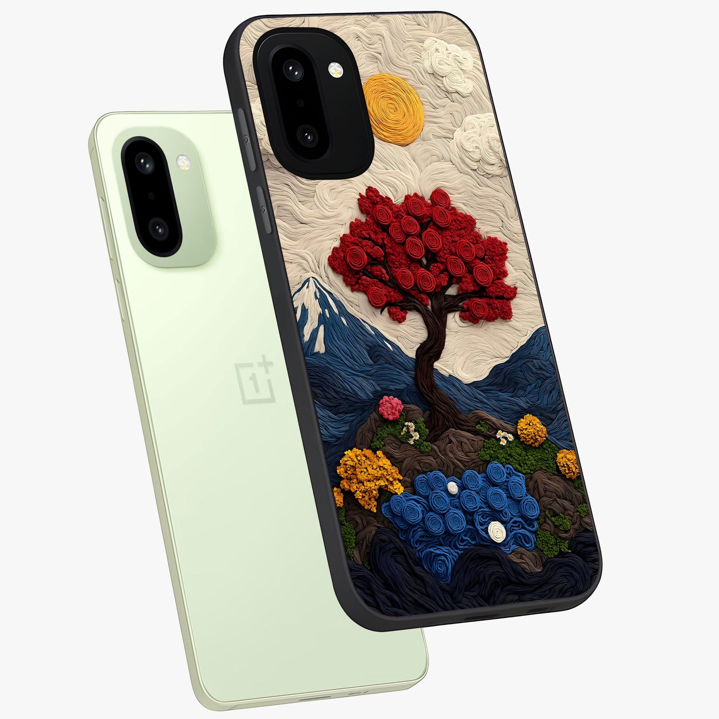 Eternal Nature Tapestry Glass Case for 1+15R angled mockup showcasing glossy finish and detailed botanical patterns