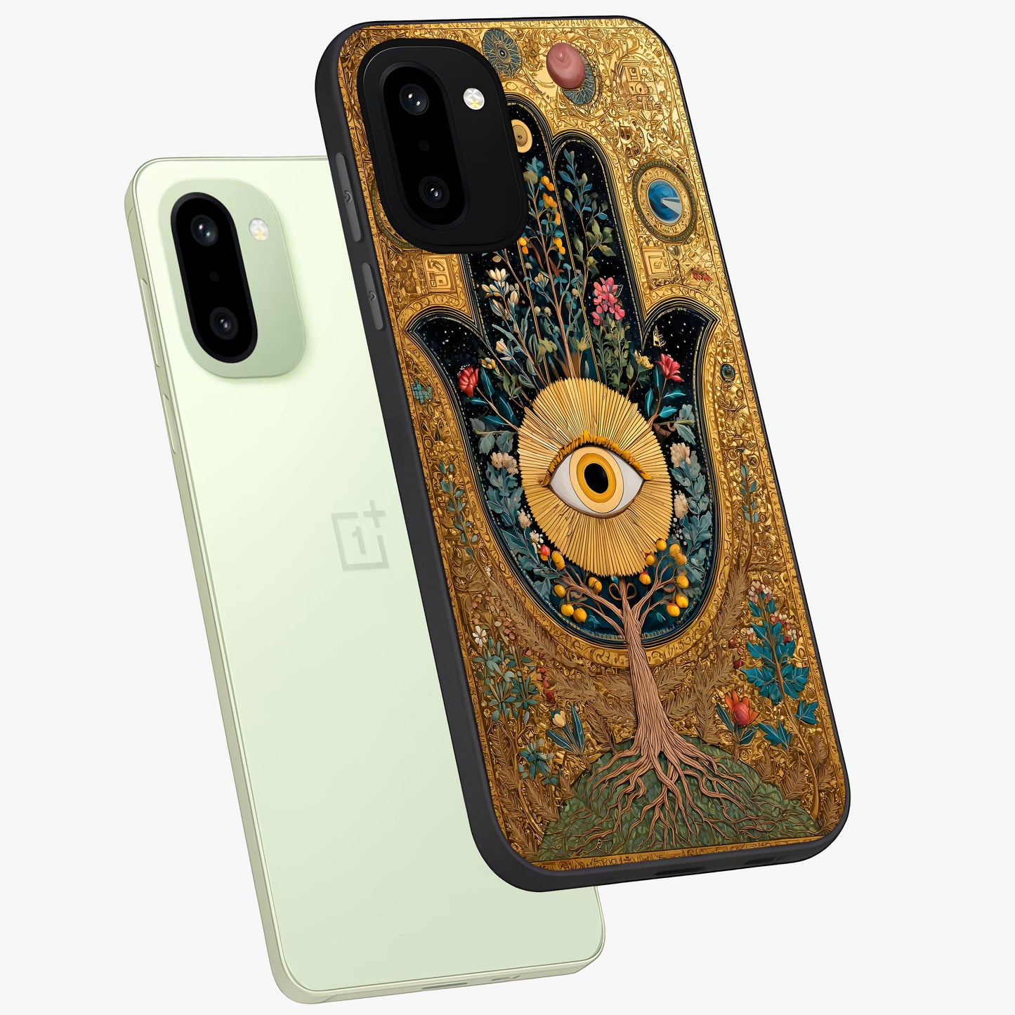 Ethereal Evil Eye Glass Case for 1+15R angled mockup showcasing glossy finish and celestial blue tones