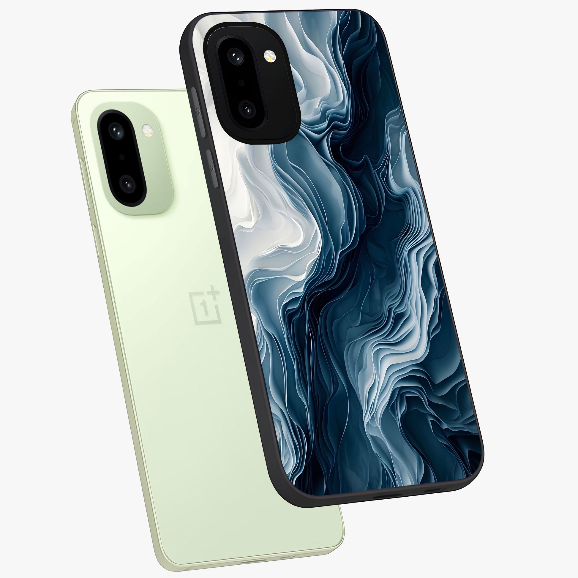 Ethereal Paper Marble Glass Case for 1+15R angled mockup showcasing glossy finish and soft blended textures