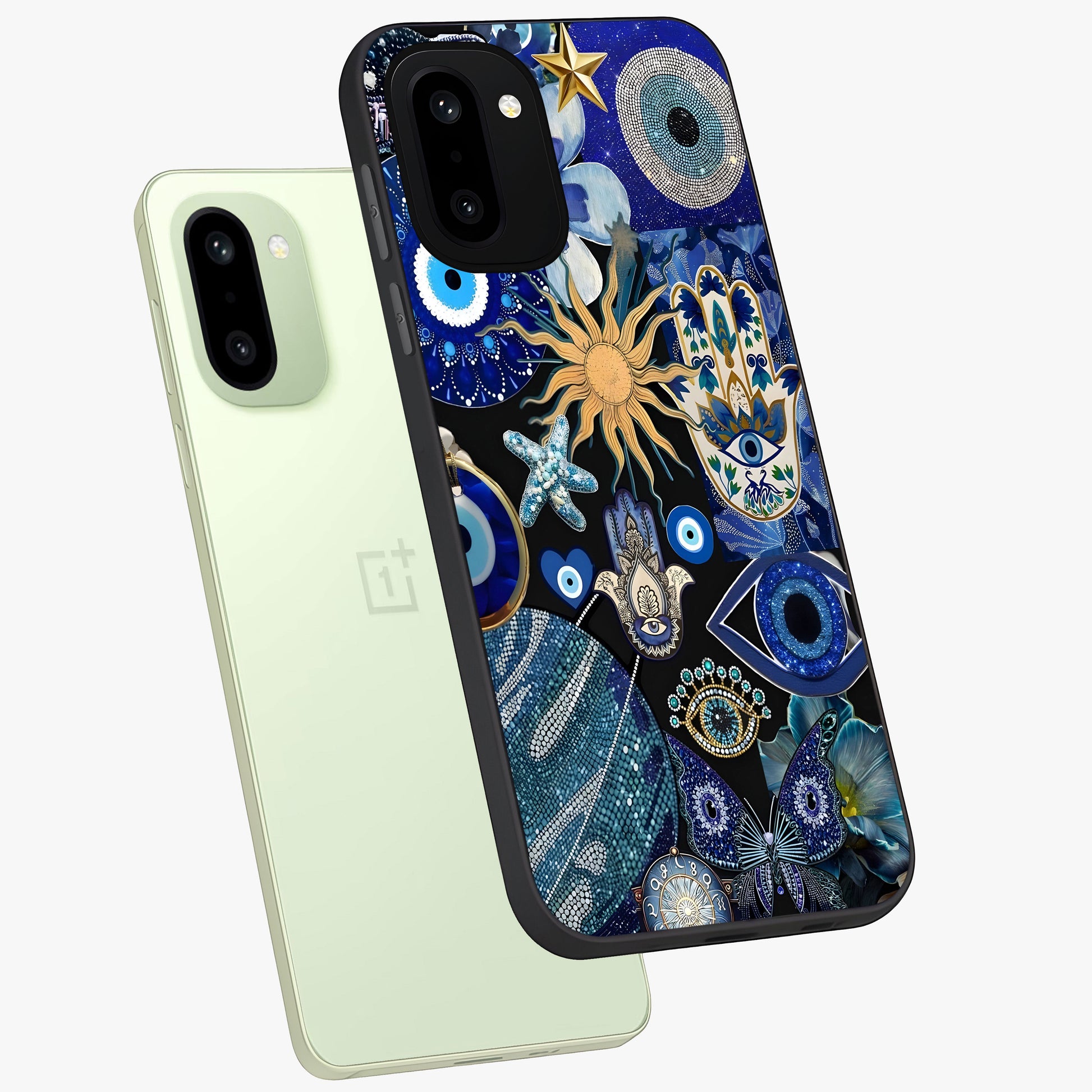 Evil Eye Charm Mix Glass Case for 1+15R angled mockup showcasing glossy finish and bold blue tones