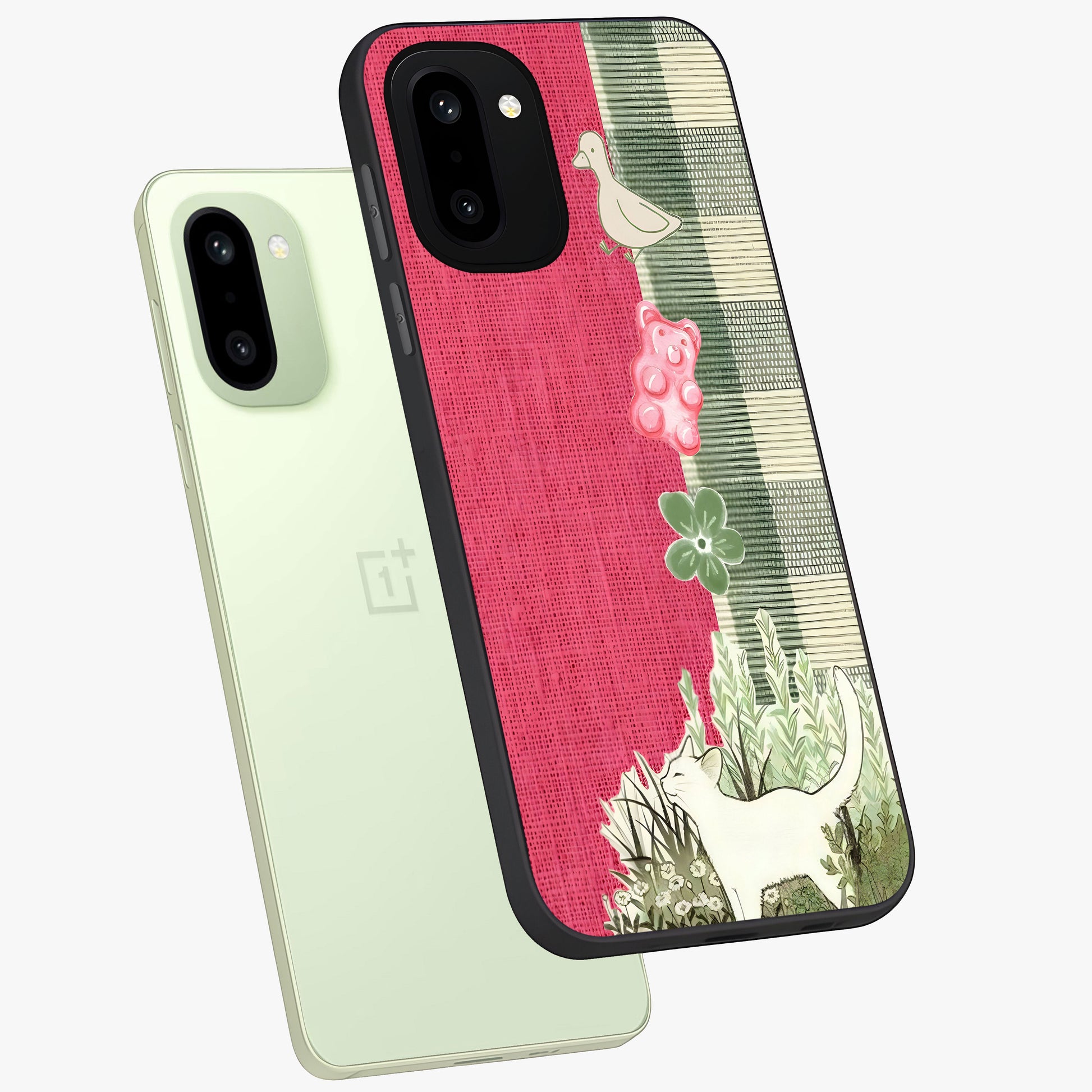 Fabric Patterns Glass Case for 1+15R angled mockup showcasing glossy finish and intricate fabric detailing