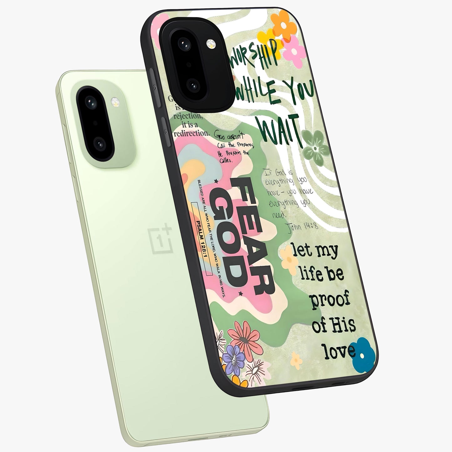 Faith Over Fear Glass Case for 1+15R angled mockup showcasing glossy finish and clean modern design