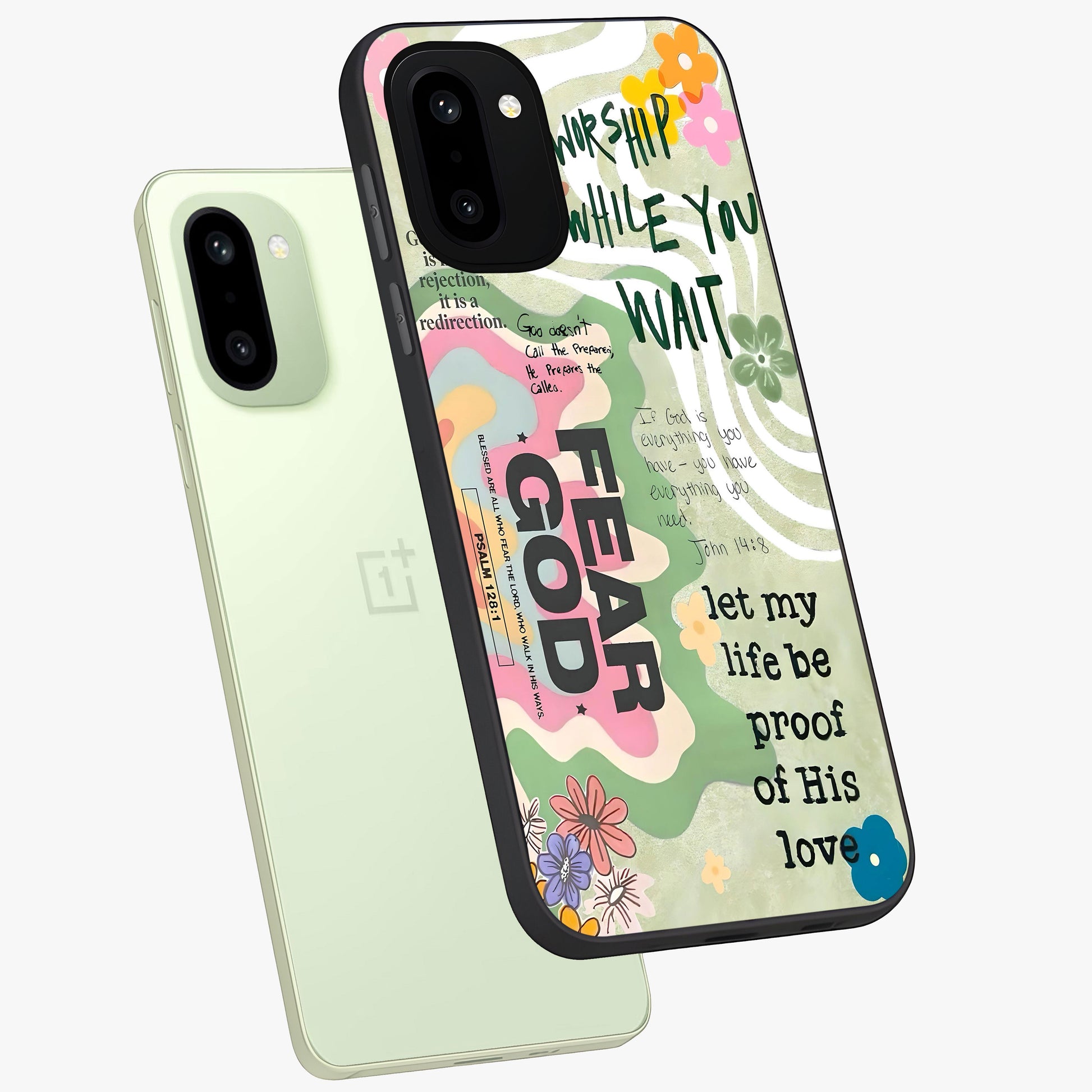 Faith Over Fear Glass Case for 1+15R angled mockup showcasing glossy finish and clean modern design