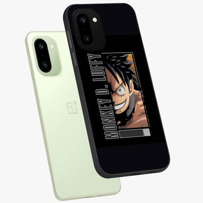 Fearless Pirate Smile Glass Case for 1+15R angled mockup showcasing glossy finish and dark adventurous tones
