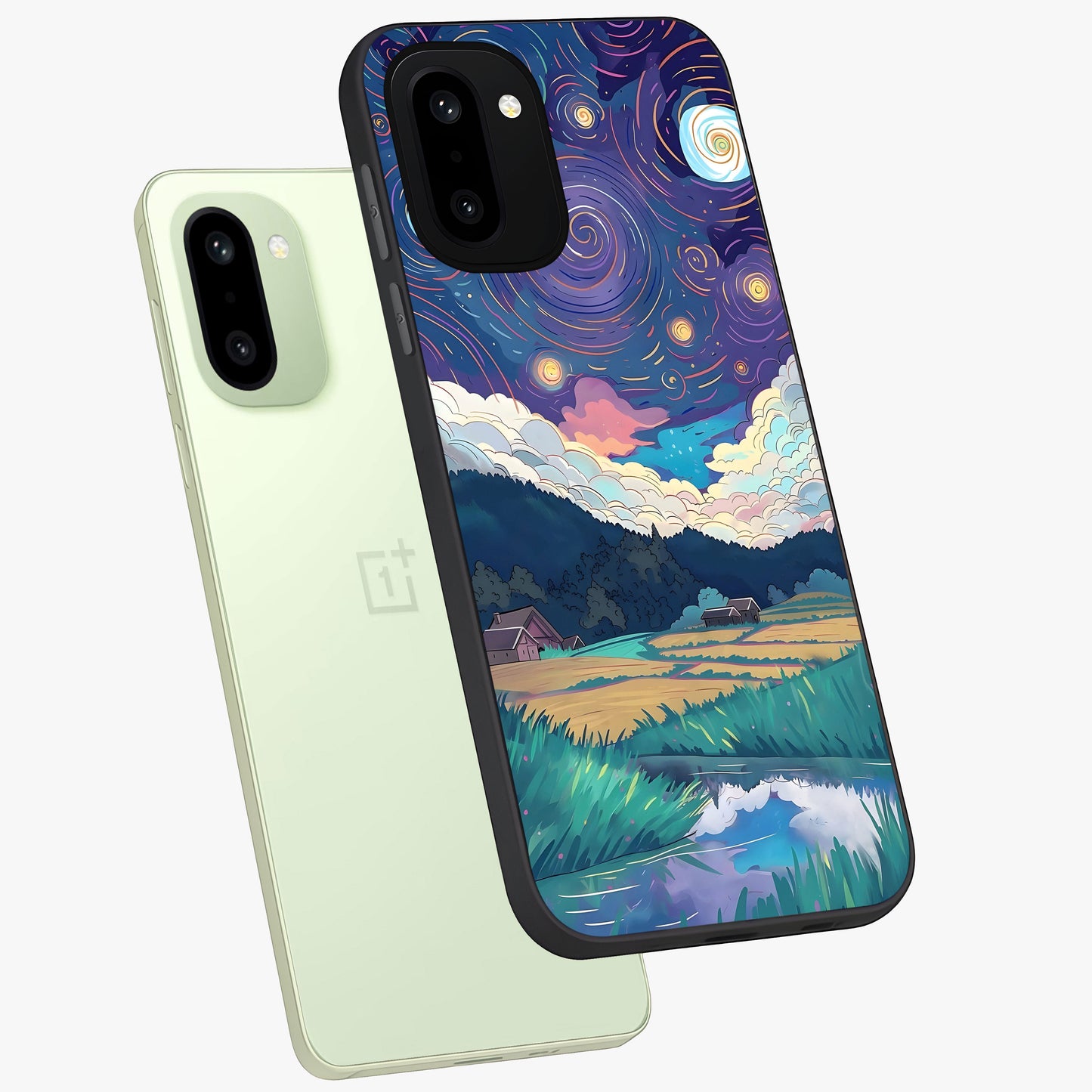 Fields Beneath the Cosmos Glass Case for 1+15R angled mockup showcasing glossy finish and deep celestial gradients