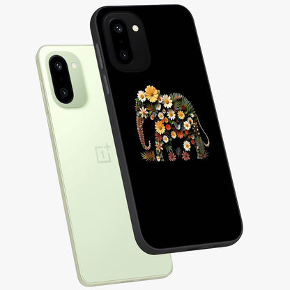 Floral Elephant Glass Case for 1+15R angled mockup showcasing glossy finish and vibrant cultural tones