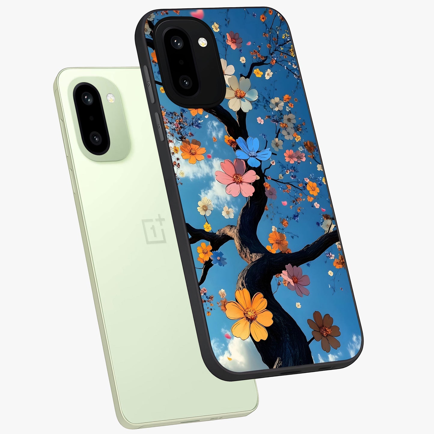 Floral Tree Glass Case for 1+15R angled mockup showcasing glossy finish and detailed branch textures