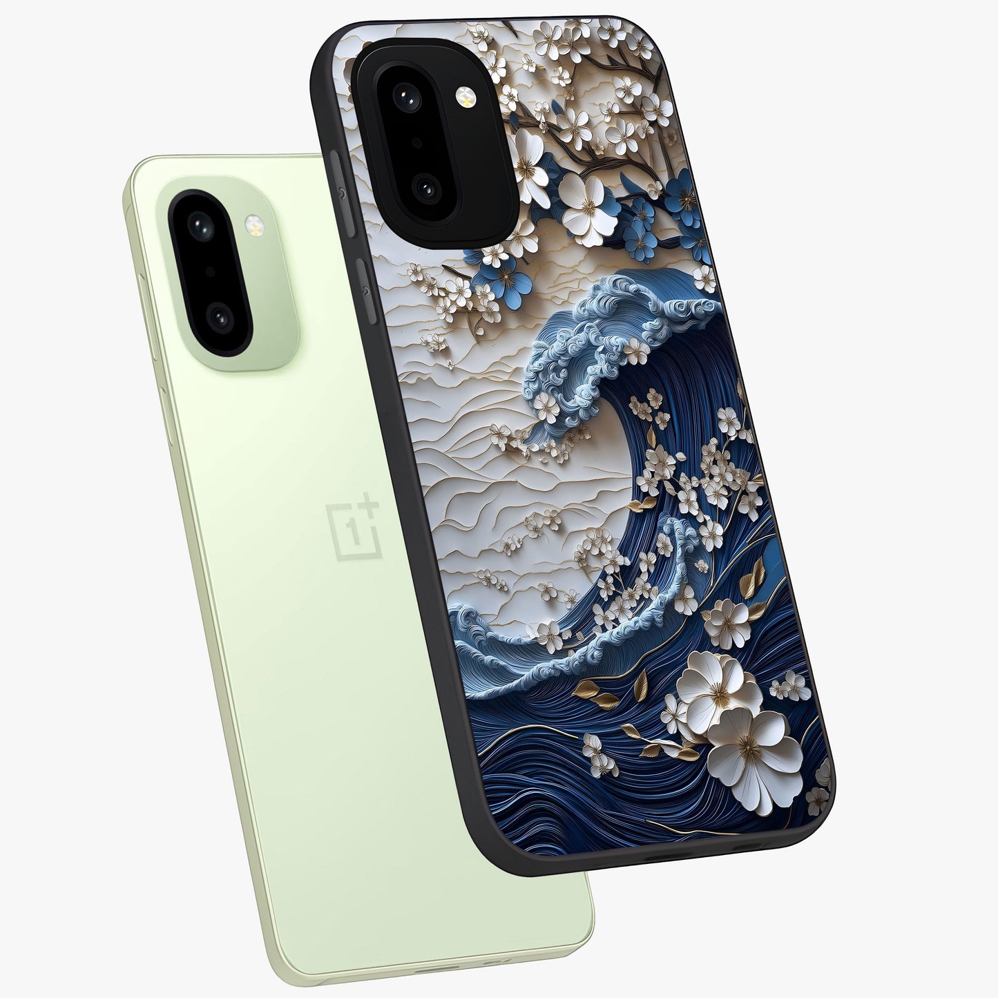 Floral Wave Origami Glass Case for 1+15R angled mockup showcasing glossy glass finish and geometric bloom detailing