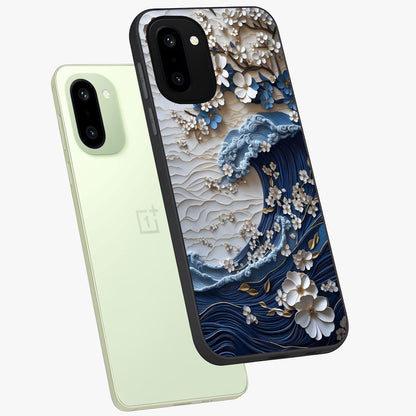 Floral Wave Origami Glass Case for 1+15R angled mockup showcasing glossy glass finish and geometric bloom detailing