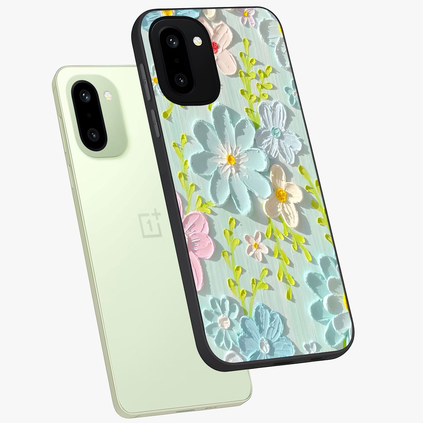 Frosted Petal Garden Glass Case for 1+15R angled mockup showcasing glossy finish and pastel bloom detailing