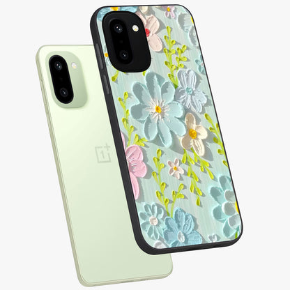 Frosted Petal Garden Glass Case for 1+15R angled mockup showcasing glossy finish and pastel bloom detailing