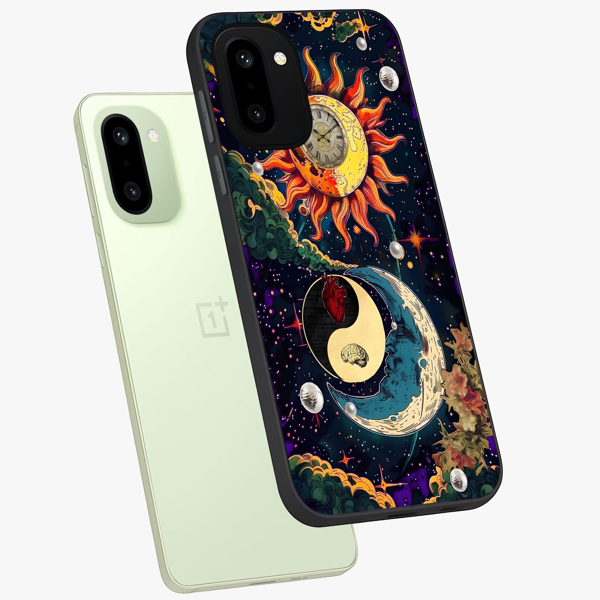 Future Universe Glass Case for 1+15R angled mockup showcasing glossy finish and vibrant space tones