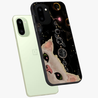 Galactic Cat Glass Case for 1+15R angled mockup showcasing glossy finish and luminous space detailing