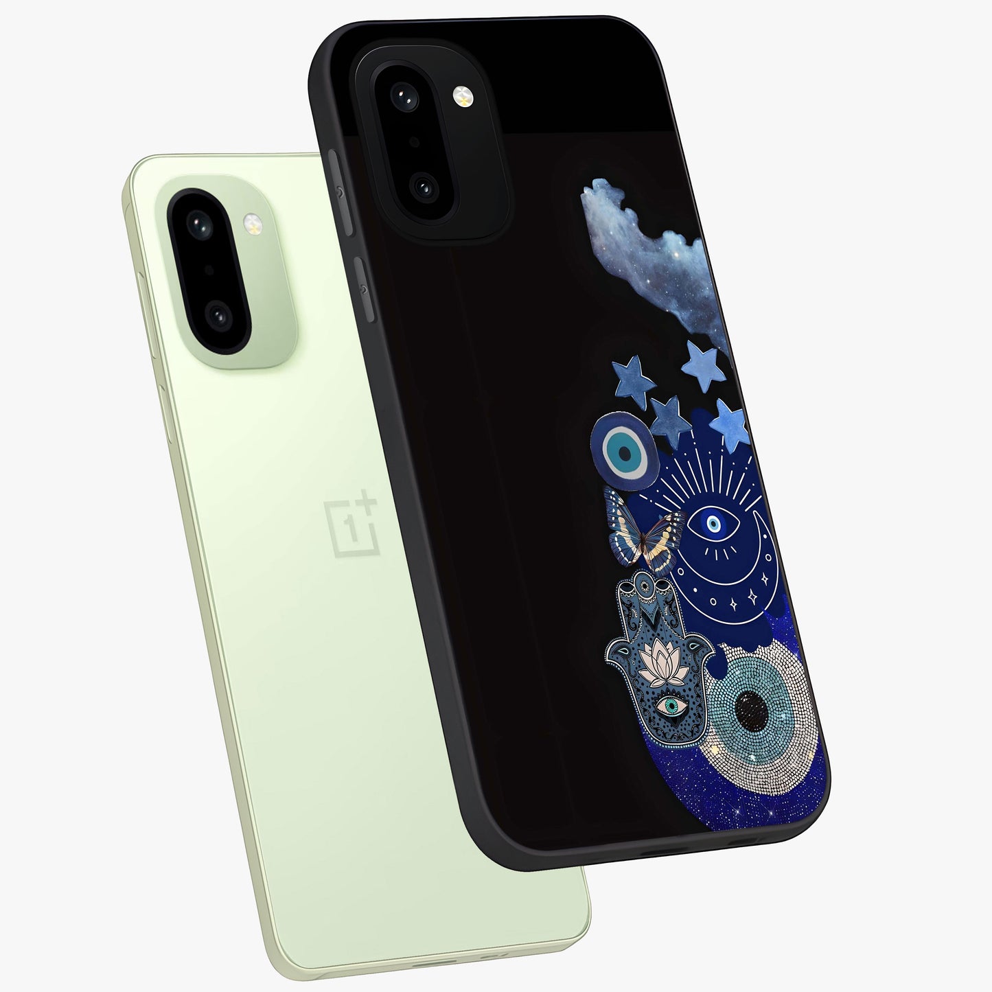 Galactic Charm Cluster Glass Case for 1+15R angled mockup showcasing glossy finish and vibrant star detailing
