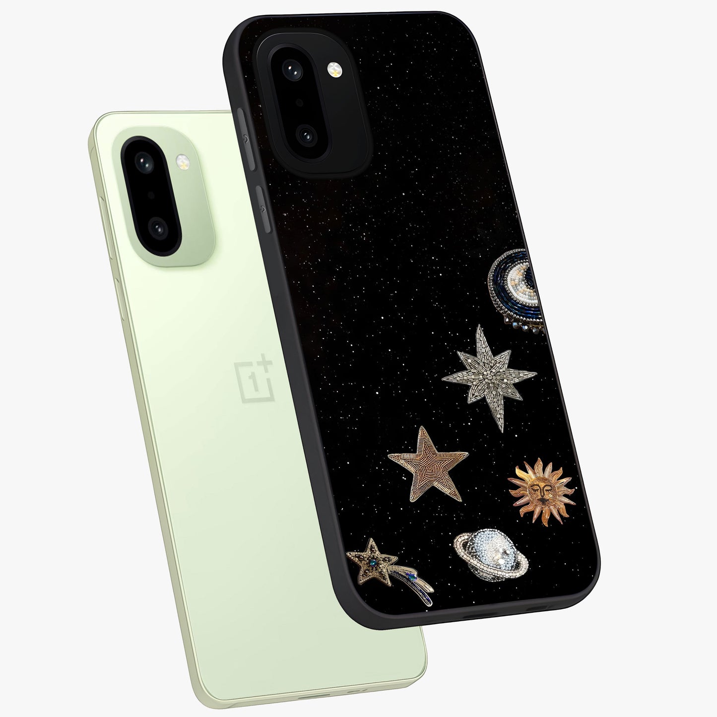 Galactic Charm Glow Glass Case for 1+15R angled mockup showcasing glossy glass finish and luminous galaxy tones