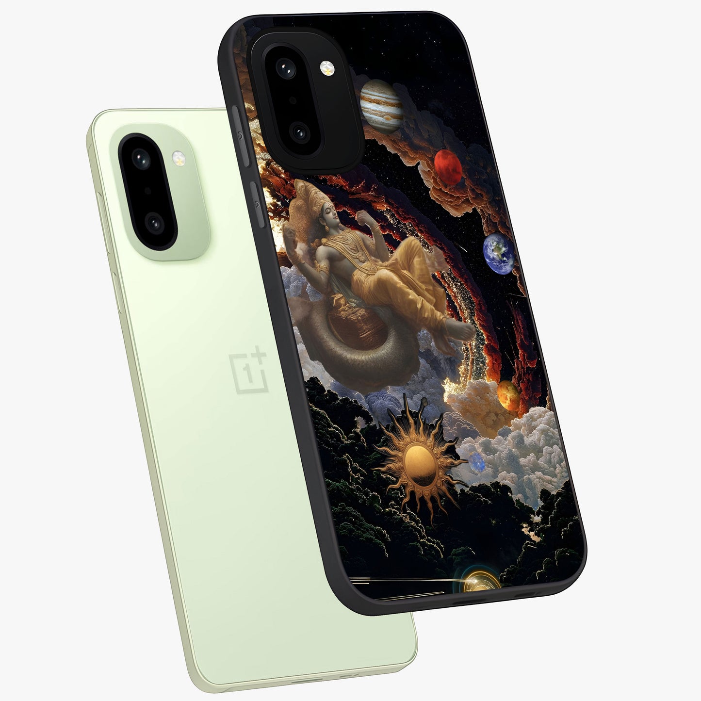 Galactic Divine God Glass Case for 1+15R angled mockup showcasing glossy finish and celestial spiritual tones