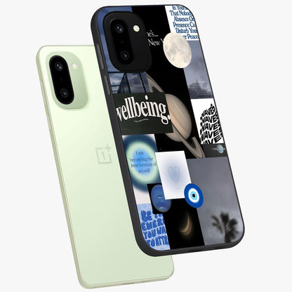 Galactic Energy Collage Glass Case for 1+15R angled mockup showcasing glossy finish and vibrant space textures