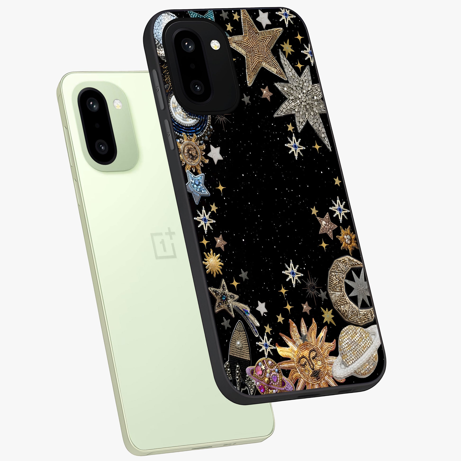Galactic Jewel Stars Glass Case for 1+15R angled mockup showcasing glossy finish and radiant cosmic tones