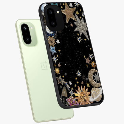 Galactic Jewel Stars Glass Case for 1+15R angled mockup showcasing glossy finish and radiant cosmic tones