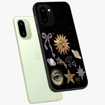 Galactic Sun Charm Glass Case for 1+15R angled mockup showcasing glossy finish and warm galaxy tones