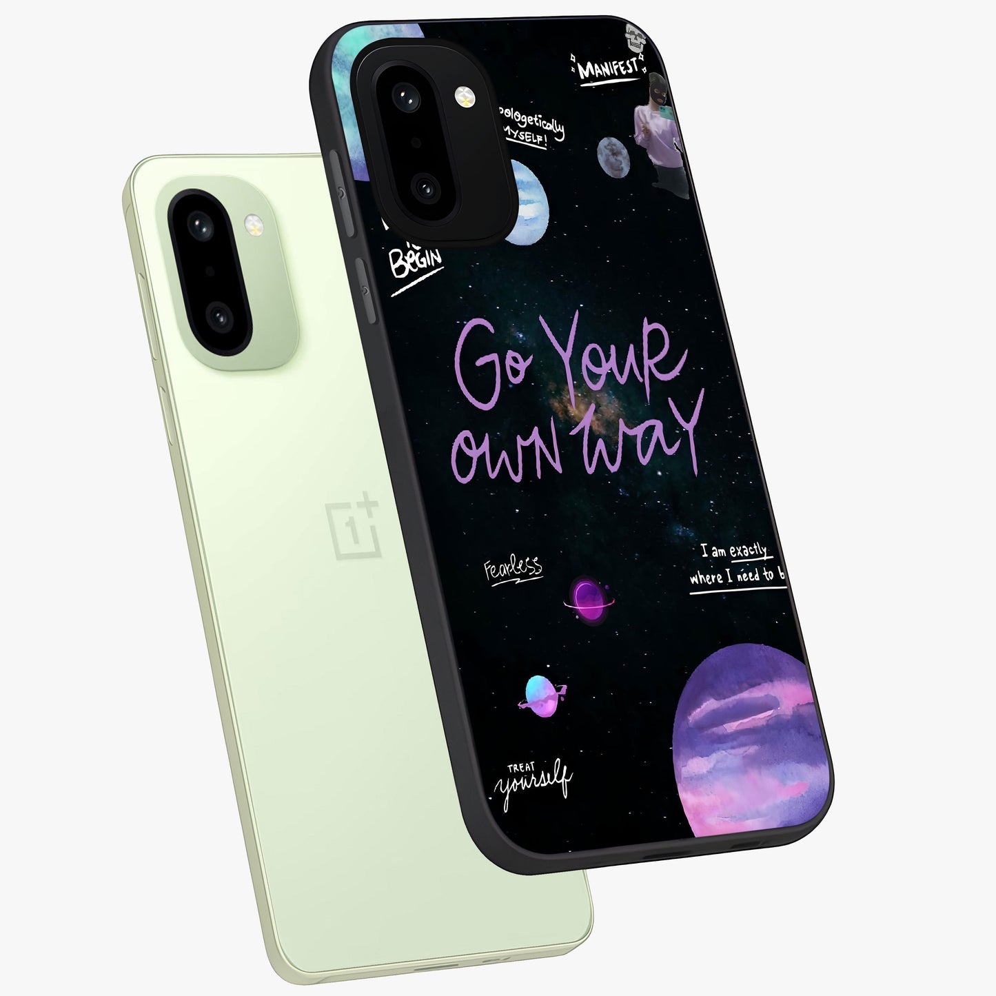 Galactic Vibes Universe Glass Case for 1+15R angled mockup showcasing glossy finish and deep space gradients