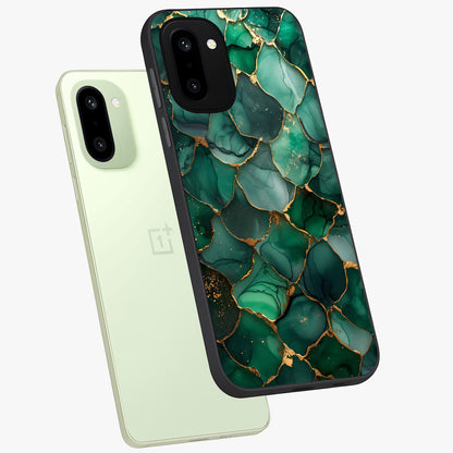 Geometric Polyester Pattern Glass Case for 1+15R angled mockup showcasing glossy finish and clean structured detailing