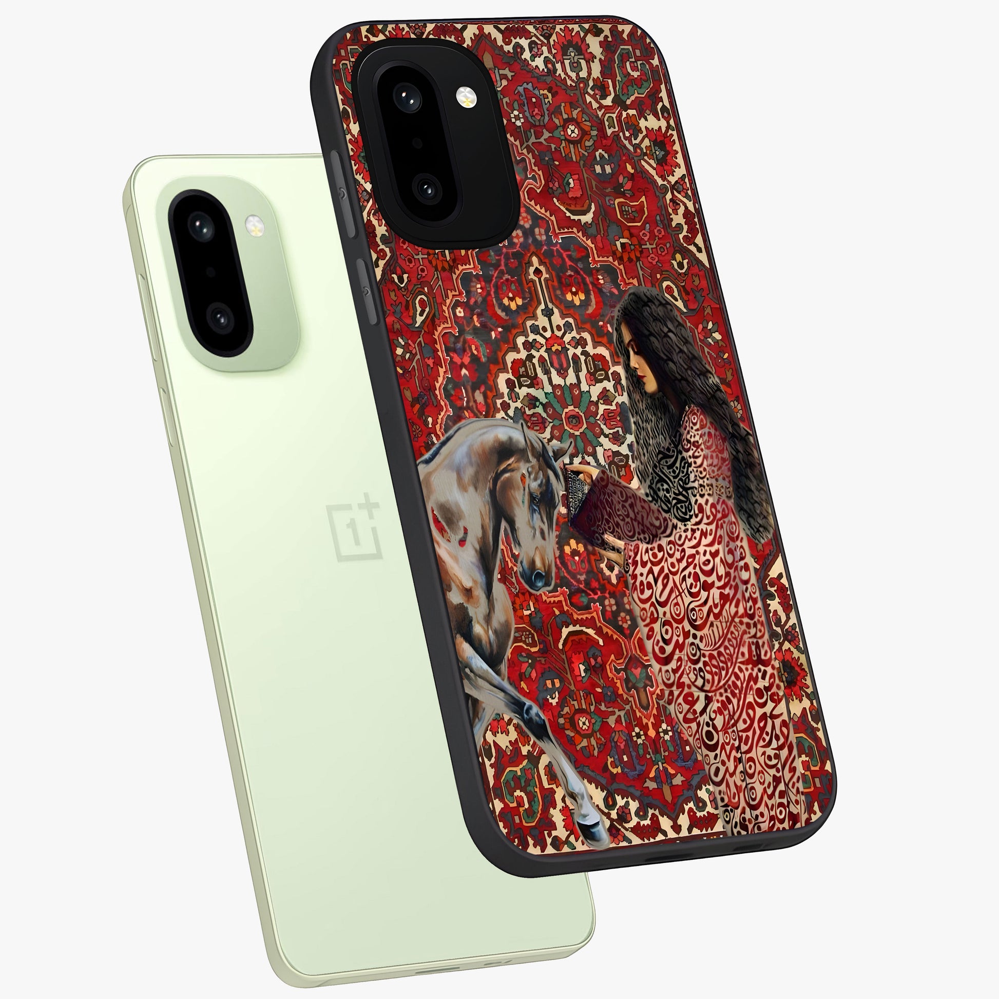 Girl With Horse Glass Case for 1+15R angled mockup showcasing glossy finish and serene countryside tones