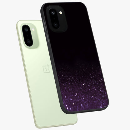 Glittery Purple Bokeh Glass Case for 1+15R angled mockup showcasing glossy finish and luminous shimmer tones