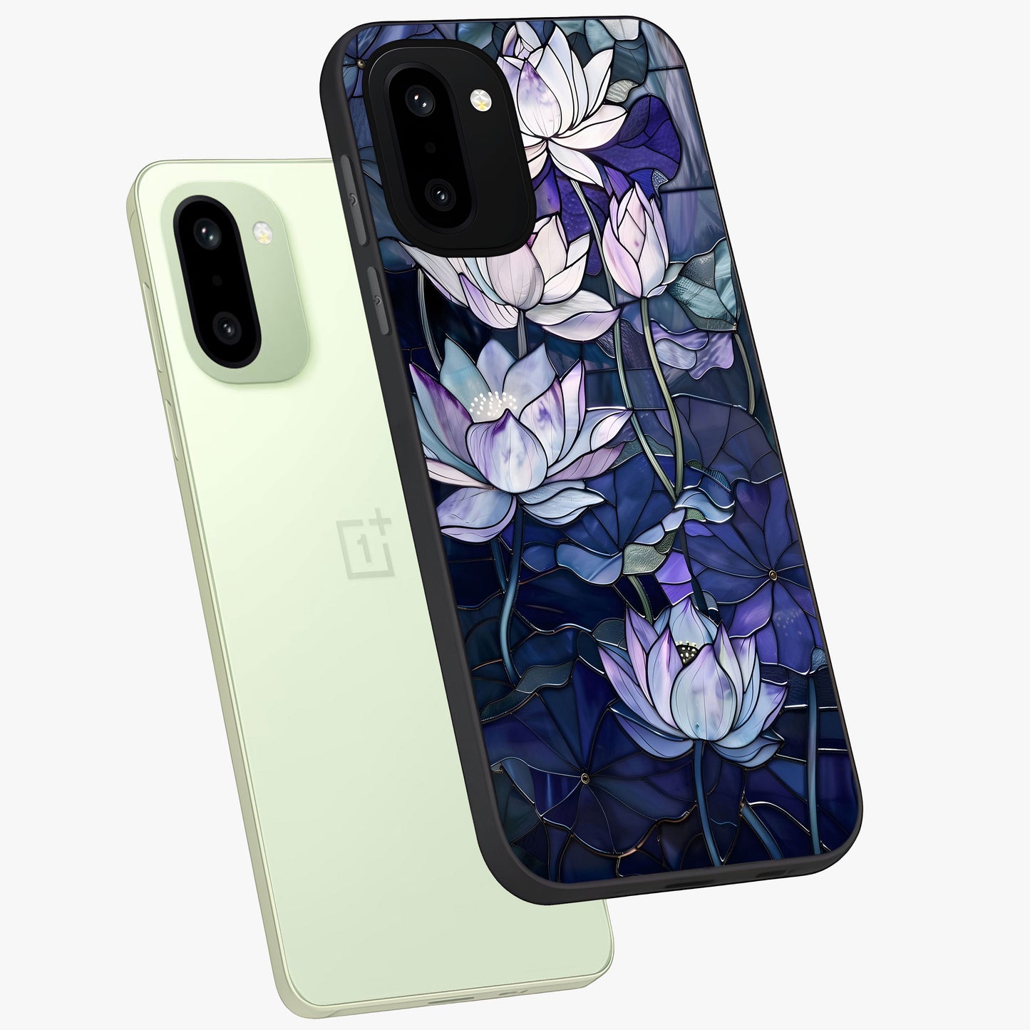 Gloss Petal Rush Glass Case for 1+15R angled mockup showcasing shiny glass finish and vibrant bloom detailing