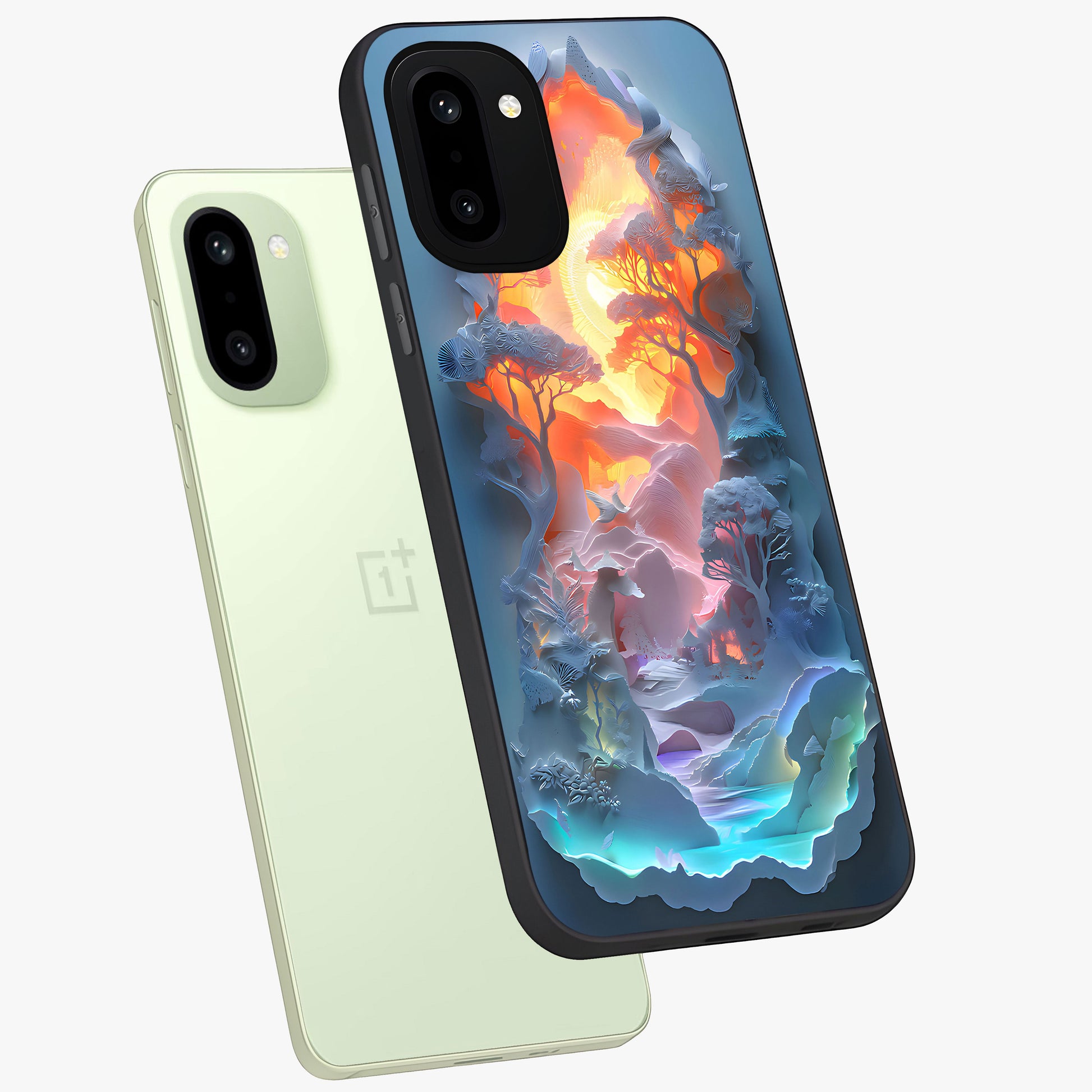 Glow Forest Portal Glass Case for 1+15R angled mockup showcasing glossy finish and luminous green tones