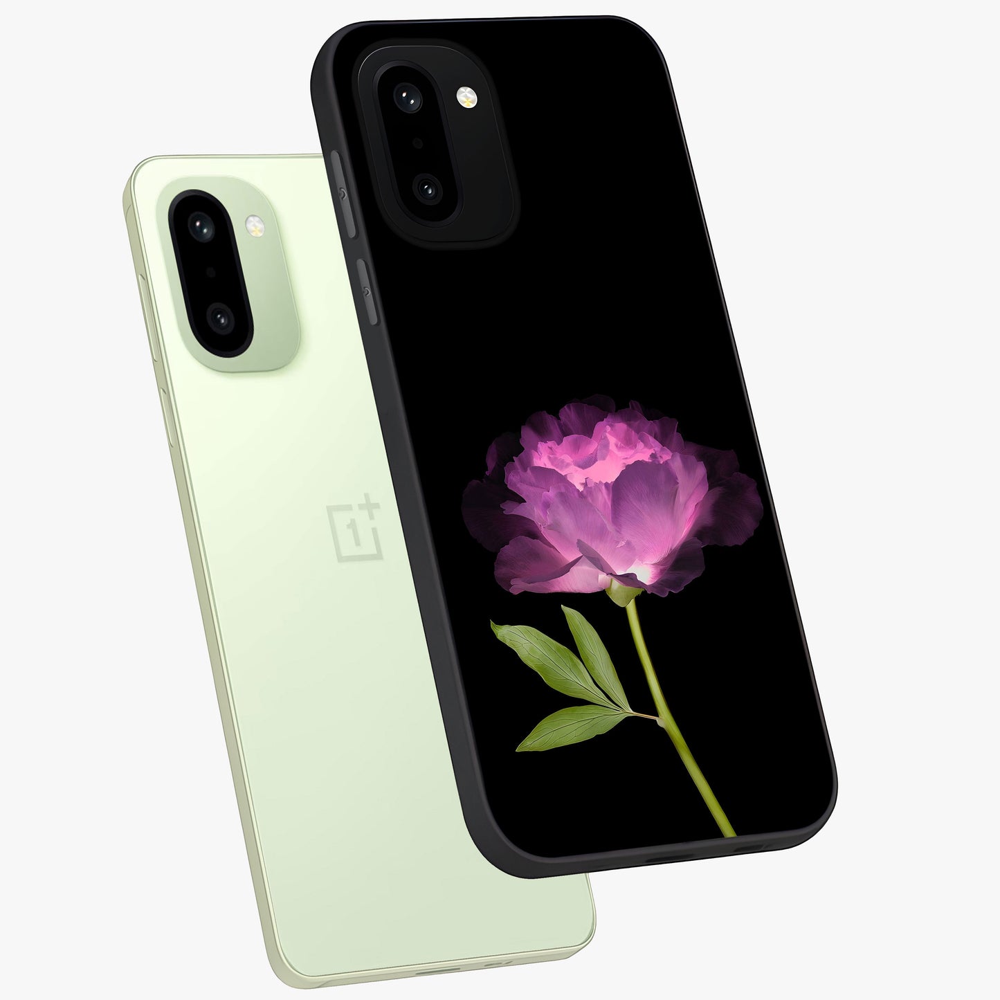 Glow Petal Bloom Glass Case for 1+15R angled mockup showcasing glossy finish and vibrant petal detailing