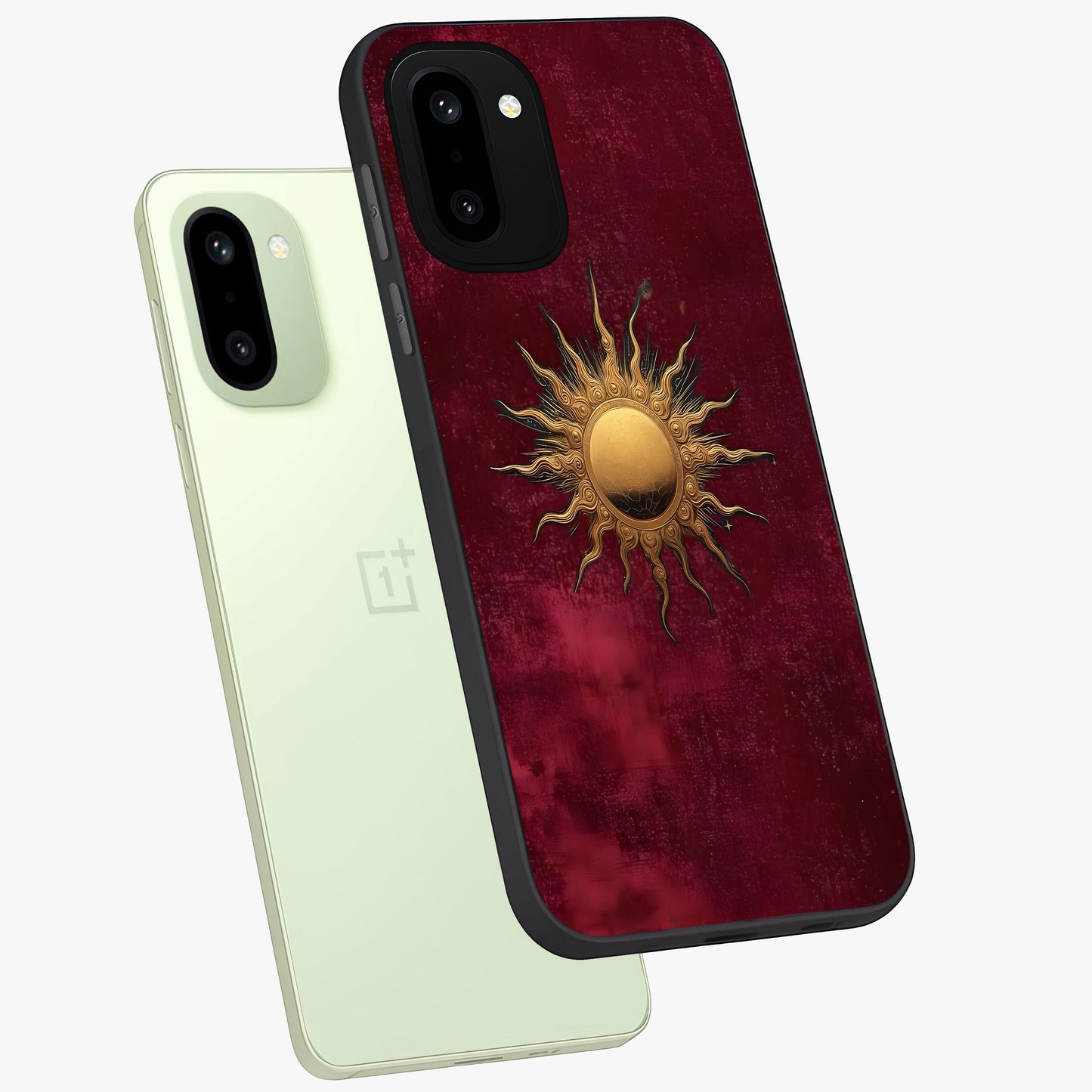 Golden Bloom Fields Glass Case for 1+15R angled mockup showcasing glossy finish and warm golden gradients