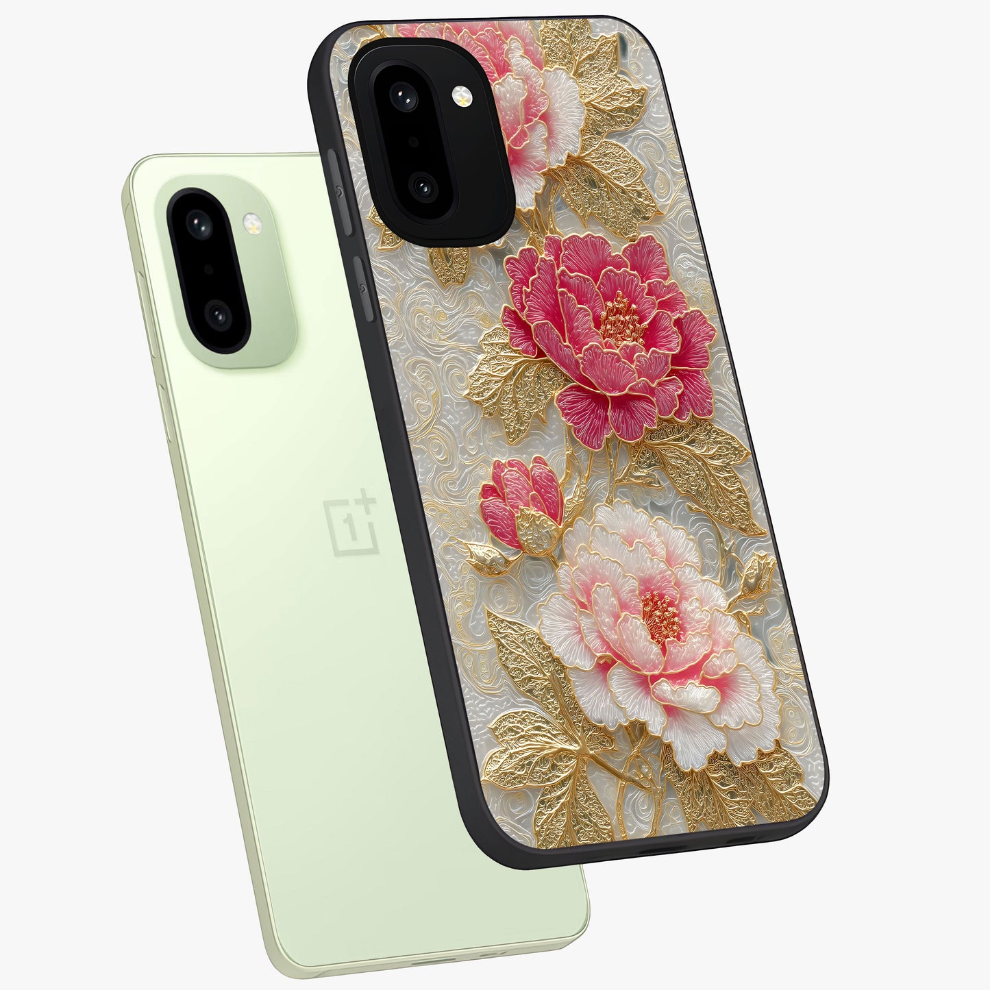 Golden Celestial Charm Glass Case for 1+15R angled mockup showcasing glossy finish and shimmering cosmic tones