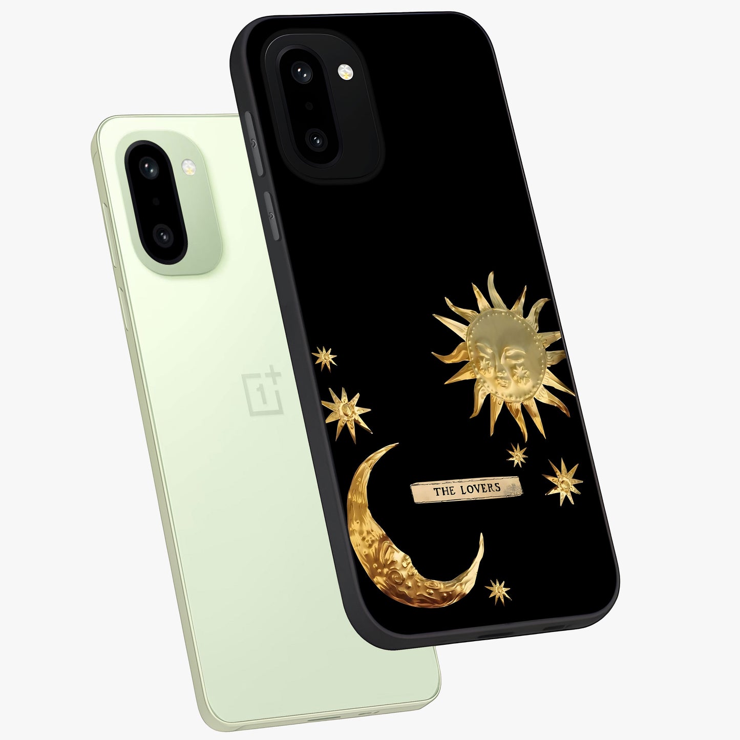 Golden Crescent Mood Glass Case for 1+15R angled mockup showcasing glossy finish and subtle night gradients