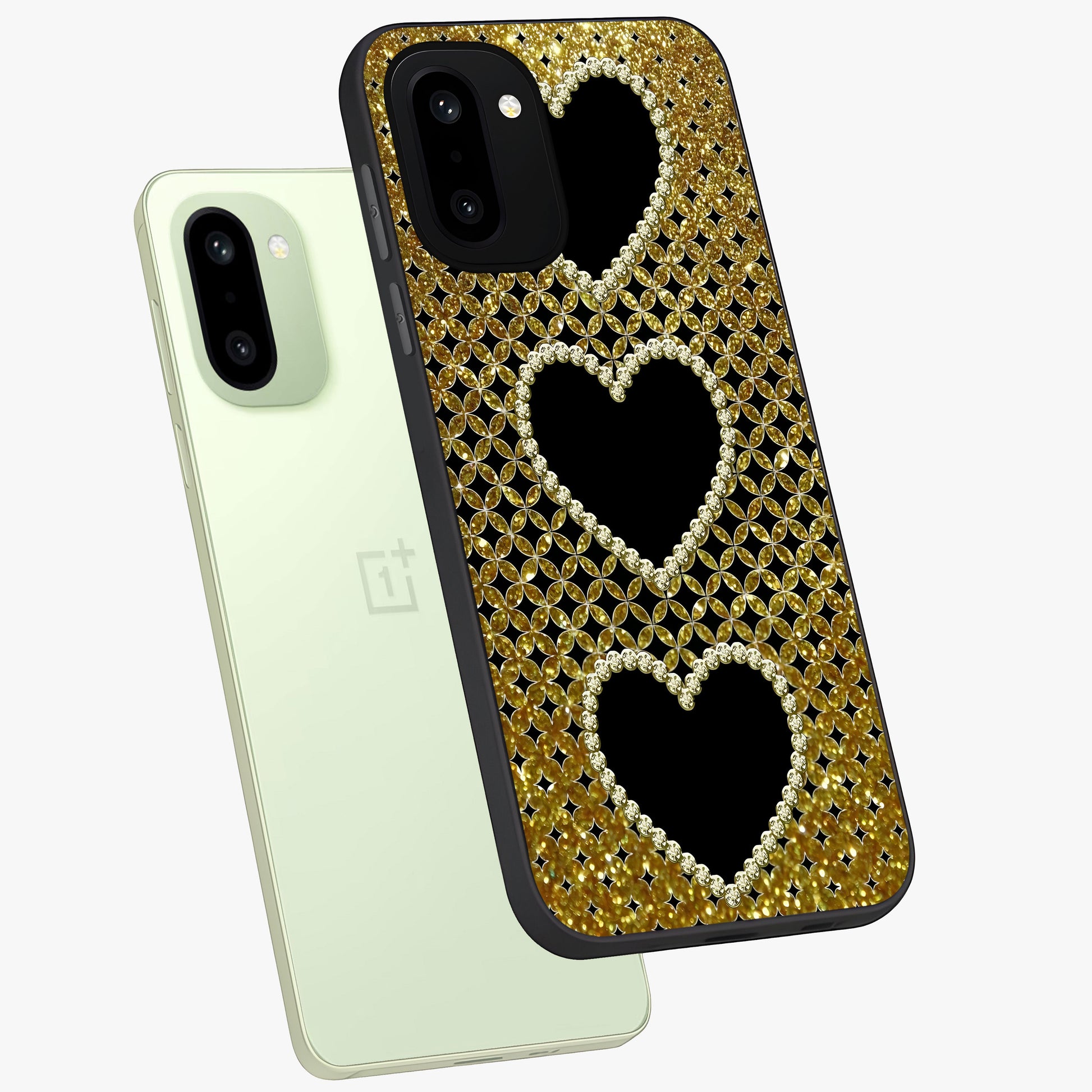 Golden Leaf Dreams Glass Case for 1+15R angled mockup showcasing glossy finish and refined botanical tones
