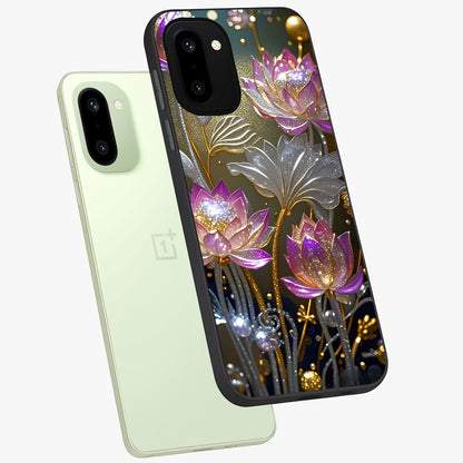 Golden Mind Moment Glass Case for 1+15R angled mockup showcasing glossy finish and rich warm gradients