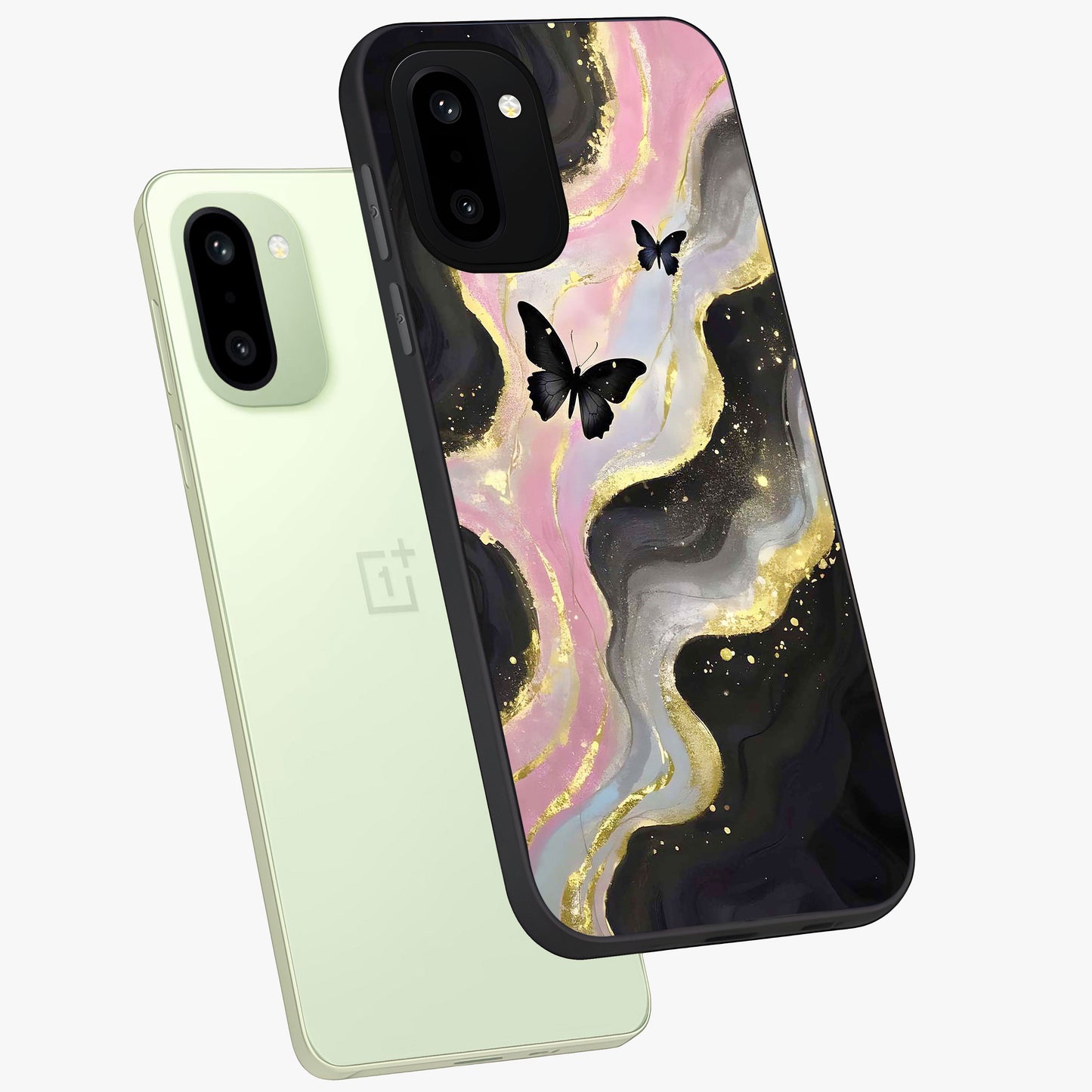 Golden Moon Horizon Glass Case for 1+15R angled mockup showcasing glossy finish and warm gradient tones